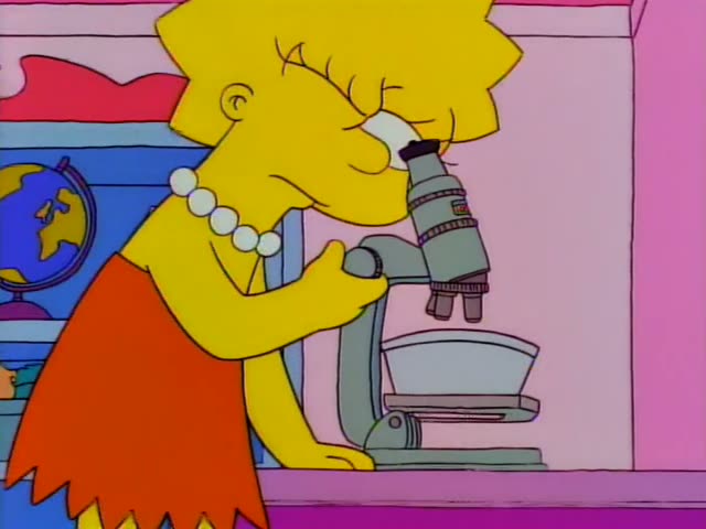 Lisa Simpson bends over a grey microscope in her pink bedroom, eyes squinting at the eyepiece as she peers in