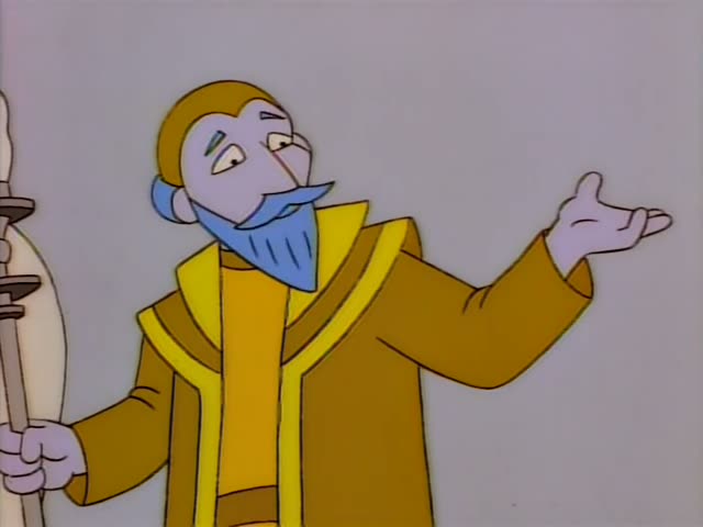 A purple-skinned, blue-bearded robed figure in a gold cloak, who looks a lot like Mr. Burns' type of build but is not one…