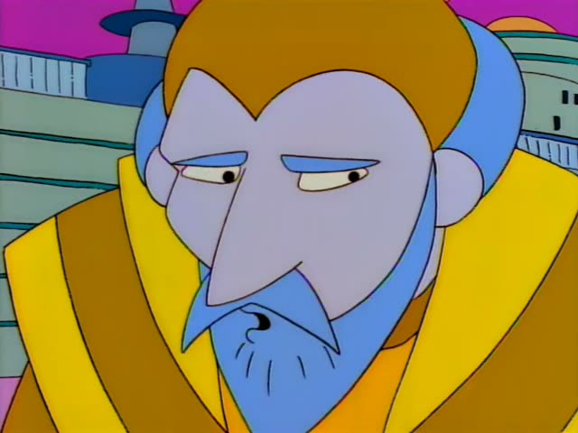 Lisa Simpson sits on a red throne in a teal dress and points while a blue-skinned, bearded man in a golden robe and tall…