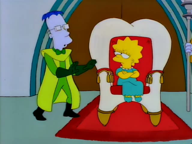 Lisa Simpson sits on a large white and red throne with her arms crossed and a sulky expression, dressed in a blue gown…