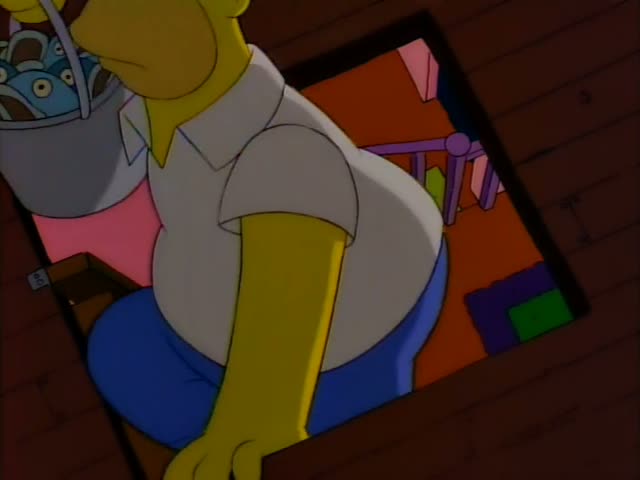 Homer leans toward a small inset panel of orange-carpeted stairs where Bart in his orange shirt and Lisa in her red dress…
