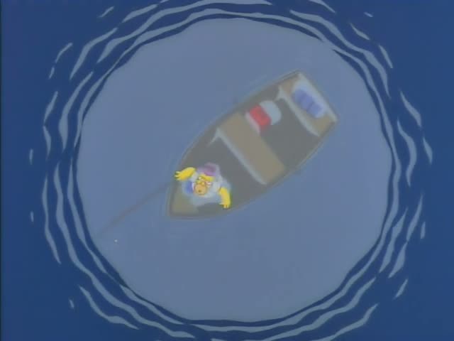 Homer drifts alone in a small rowboat on a lake, then gazes upward at a blue flying saucer with red lights hovering…