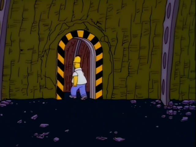 Homer Simpson walks into a dark tunnel framed by a yellow-and-black striped archway, then the view shifts to a bright blue…
