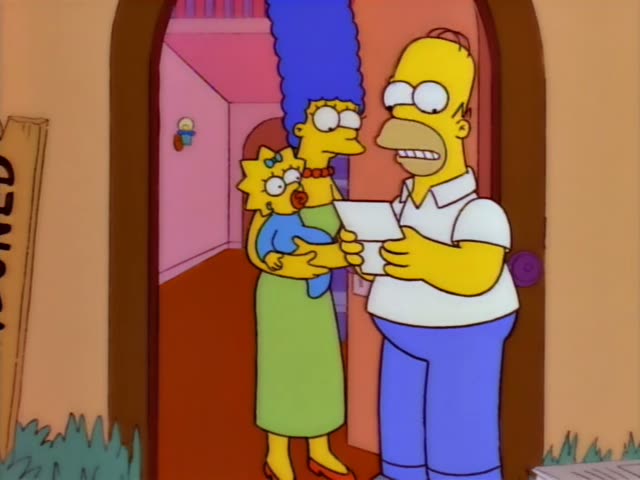 Homer stands in a doorway holding a letter and reading it aloud, while Marge with her tall blue beehive holds Maggie…