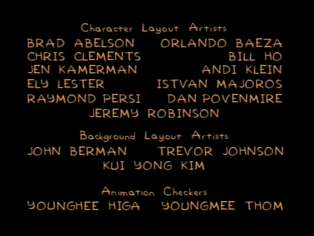 No Simpsons characters appear in this sequence, which consists entirely of black closing-credit title cards with orange…
