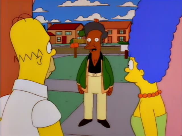 Homer presses a purple doorbell beside a red door while Marge stands nearby