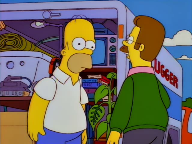Homer Simpson and Ned Flanders stand outside a house with an arched orange door and an ABANDONED sign hanging beside it