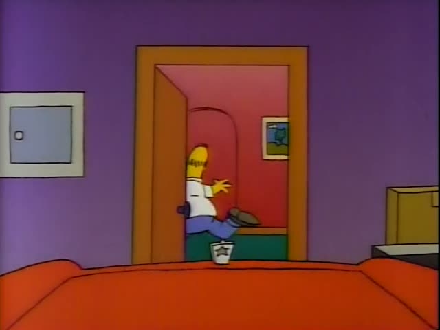 Homer, Marge, Lisa, Bart and Maggie are in the family living room, with Homer first seen in a doorway mid-stride…