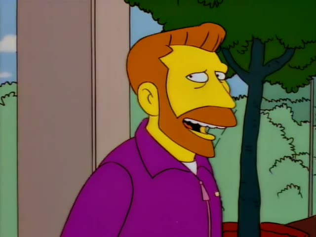 Homer and a red-haired, bearded man in a purple jacket stand together in an office with large windows showing trees…