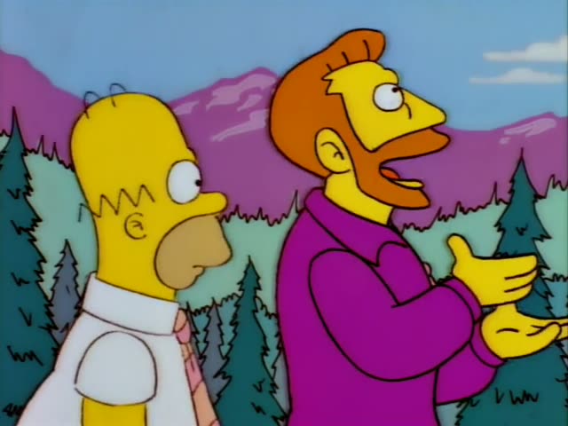 Homer Simpson and a bearded stranger with orange hair and a purple shirt, a one-off character, stand side by side…