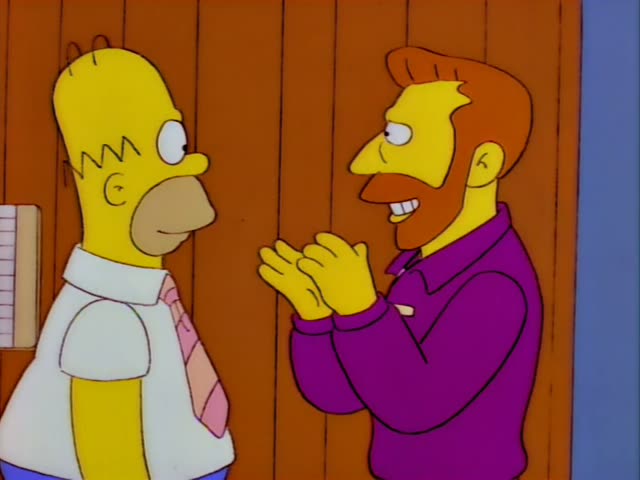Homer Simpson stands against a wood-paneled wall beside a wall-mounted height chart while a bearded man with swept-back…