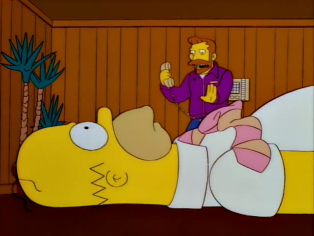 Homer lies sprawled on a wood-paneled floor at the start, then stands beside an unnamed man with reddish-orange hair…