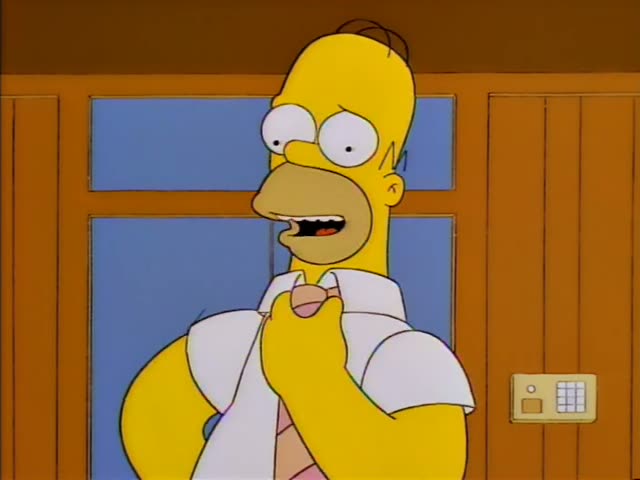 Homer straightens his tie indoors, then Lisa in her red dress and Bart in his orange shirt walk up a path past a yellow…