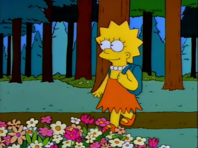 Lisa Simpson walks through a forest along a path bordered by a bed of pink, white and orange flowers