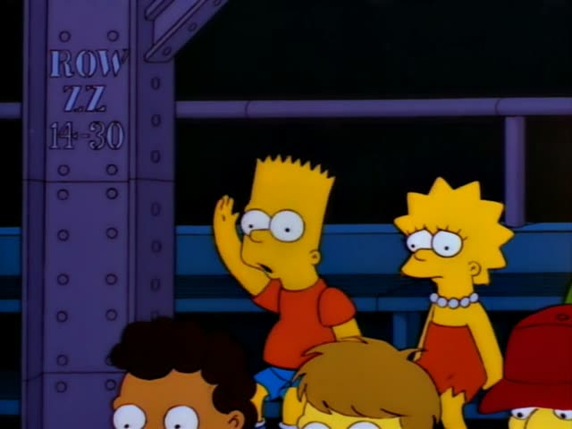 Bart and Lisa stand at a blue railing beside a purple pillar marked ROW ZZ 14-30 at night, with other kids in the foreground