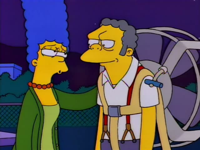 Marge Simpson stands beside Moe, the grey-haired bartender, who wears a white shirt, tan suspenders and a jetpack-like…