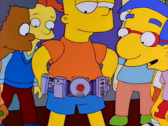 Bart Simpson stands with a group of kids including Milhouse, who has blue hair and red glasses, in front of a purple wall…