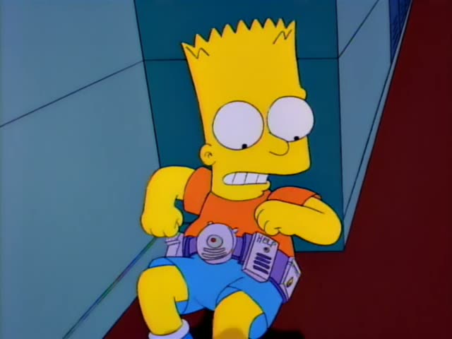 Bart Simpson stands in a school hallway of blue lockers and red floor, bracing against the wall as he sits and then rises