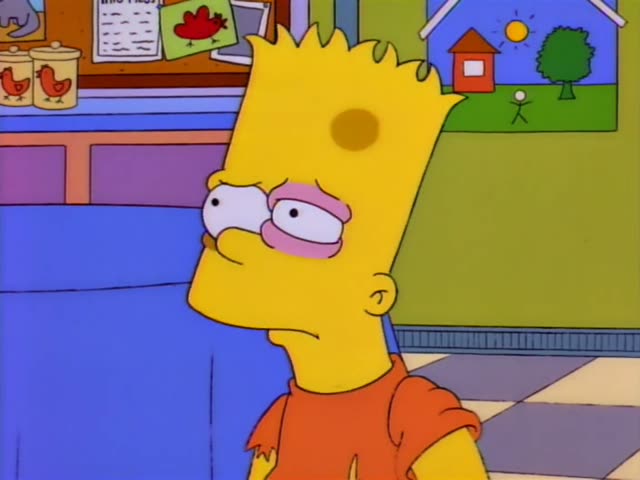 Bart stands at left looking glum with droopy eyes beside a blue couch and a wall of children's art