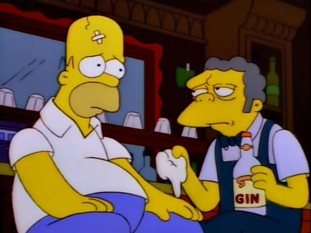 Homer sits on a bar stool while Moe stands behind the bar holding a bottle labeled GIN and a white rag