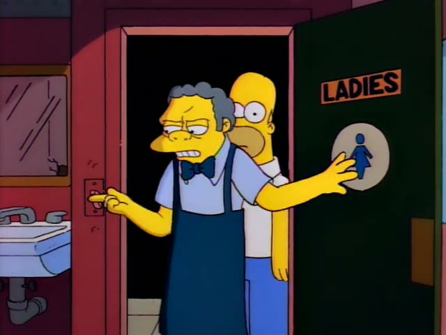 Moe stands in a doorway marked LADIES with Homer and Moe gestures toward the restroom sink and mirror on the left