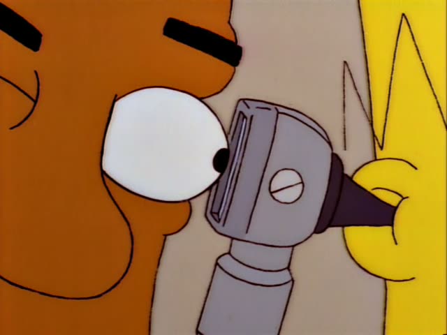 Homer sits shirtless in white underwear on an examination table while Carl holds an otoscope near Homer's face and speaks…