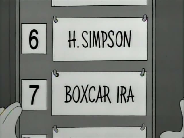 Homer Simpson first appears on a fight card reading "6 H. SIMPSON" above "BOXCAR IRA" as large white hands grip the board…