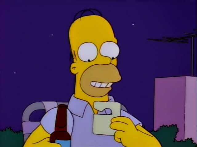 Homer Simpson stands outdoors at night against a purple starry sky, with a pink building, an antenna and green bushes…
