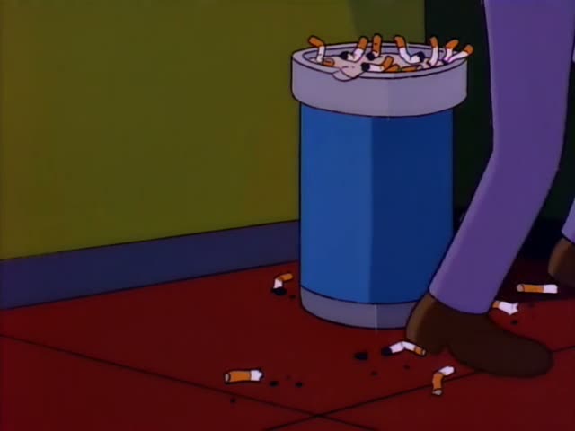 Moe walks past a blue ashtray bin overflowing with cigarette butts on a red-tiled hallway floor, then stops to light…