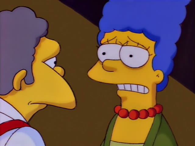 Moe and Marge first face each other up close, Marge looking uneasy and Moe frowning sideways