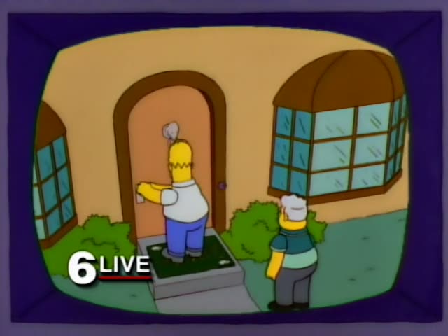 Homer Simpson knocks on a front door while a white-haired man in a green sweater stands on the path beside him