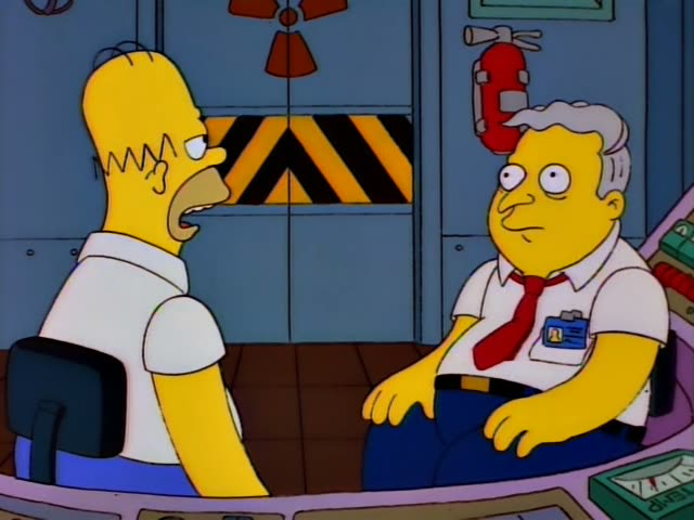 Homer and a heavy older one-off character with grey hair at the sides, a red tie and an ID badge sit side by side…
