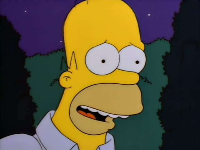 Homer Simpson and a grey-haired man in a dark jacket and red tie, who is not Mr. Burns or any named regular, stand outdoors…