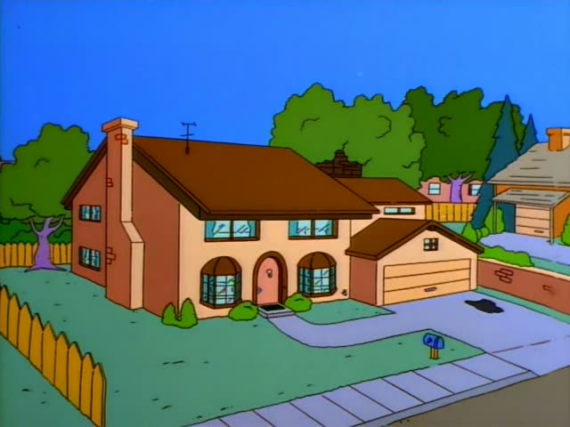 Marge Simpson stands in a pink room where a tangle of cords runs from a power strip across the teal floor toward an arched…
