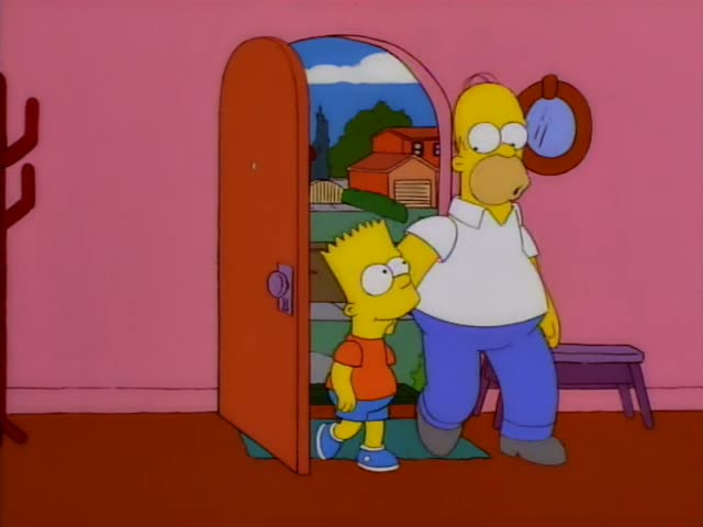 Homer Simpson and Bart Simpson stand in a pink hallway by an arched orange front door with a green mat, a purple bench…