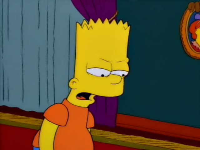 Bart Simpson stands in a room with teal walls, a red wainscot, and framed portraits, first scowling and speaking…