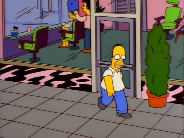 Homer stands outside a pink salon with a glass door and a potted topiary, first with his head lowered and shifting…