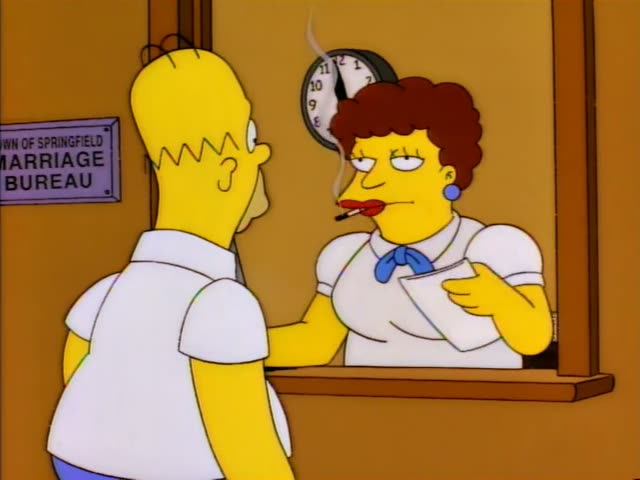 Homer stands at the window of the Town of Springfield Marriage Bureau, facing a curly auburn-haired woman with a cigarette…