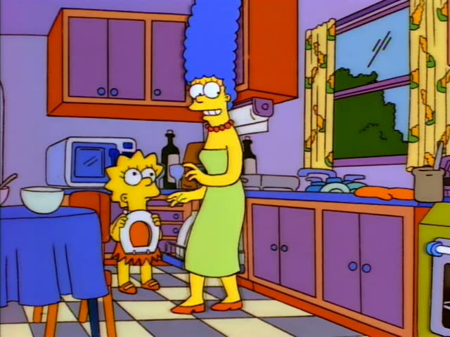 Marge and Lisa stand in a kitchen with purple cabinets and a checkered floor