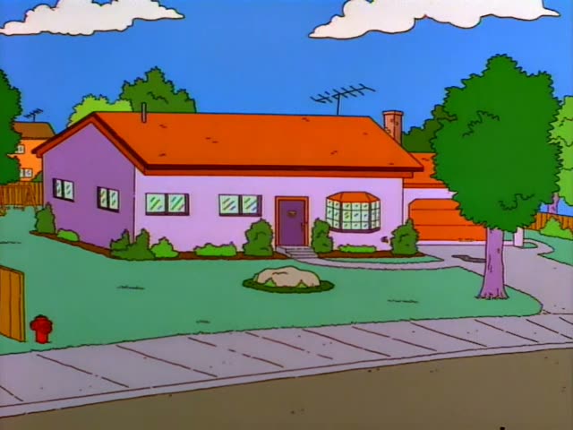 Milhouse and Marge are in a lavender-walled room with a curtained window and cardboard boxes