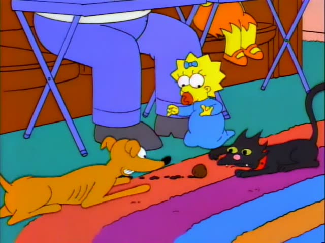 Maggie stands beside Homer's blue-trousered legs under a table as Santa's Little Helper and Snowball II watch a brown lump…