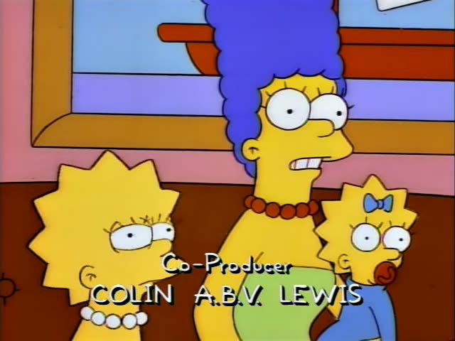 Marge with her tall blue beehive, Lisa with spiky star-shaped hair, and baby Maggie with a pacifier and blue bow stand…