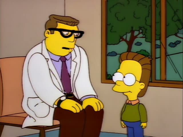 A bespectacled man in a white lab coat and purple tie sits on an orange chair beside a young boy with brown swept hair…