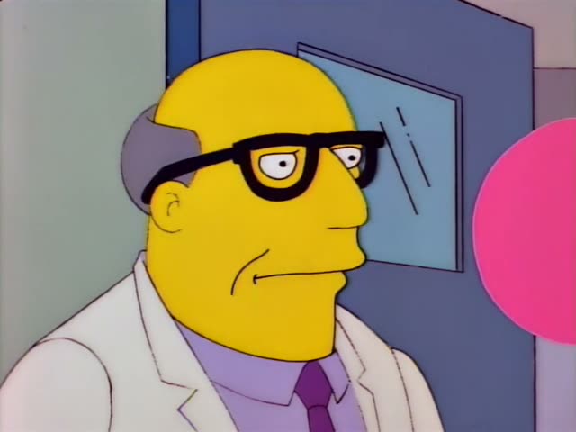 An unnamed bald, heavyset man in glasses, a white lab coat, and a purple tie stands beside a blue door, and Homer Simpson…