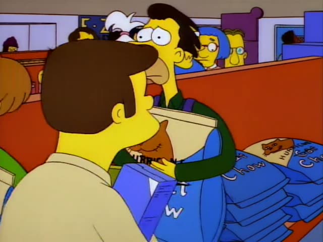 Homer stands at a blue dispenser pouring a stream of glowing liquid, while a crowd of shoppers that includes Marge…
