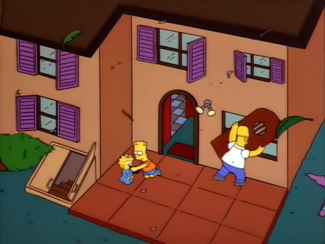 Lisa, Bart, and Homer are at the front of the Simpson house, with Ned Flanders watching over a fence