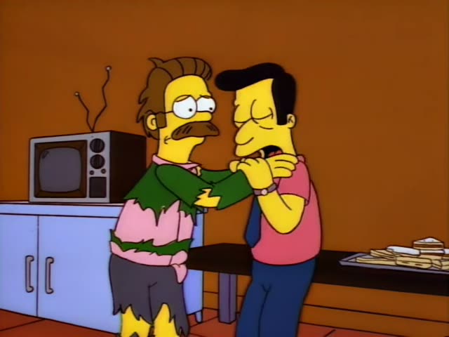 Ned Flanders stands in a kitchen beside a rabbit-eared TV set on a cabinet, facing a dark-haired man in a pink shirt…