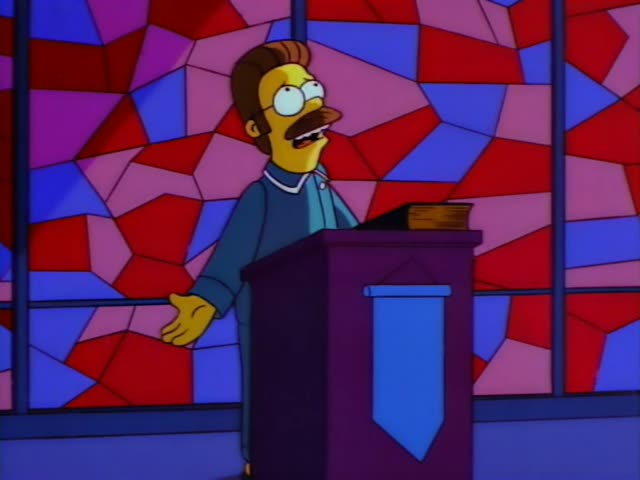 Ned Flanders stands at a purple pulpit in front of a stained-glass window, gesturing with open arms and speaking…