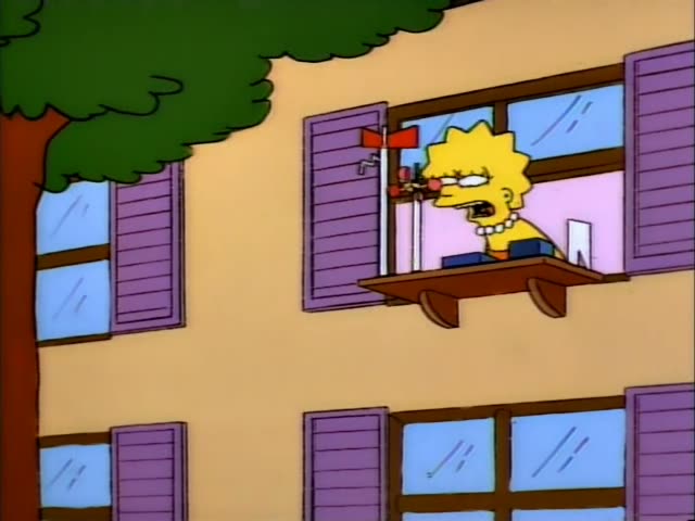 Lisa Simpson leans out of a purple-shuttered window and calls out, then later stands at the sill scowling