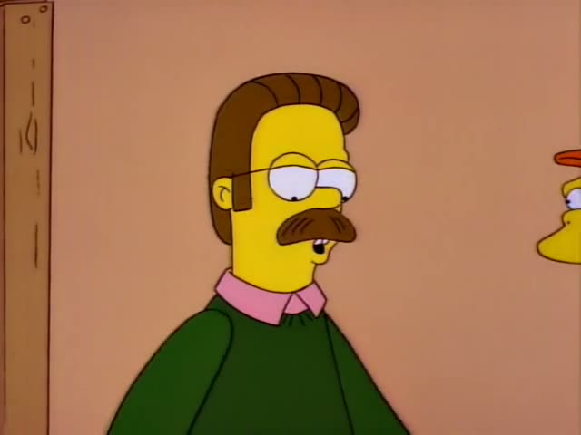 Ned Flanders first stands beside a second character, a man in a red cap and lavender shirt who is partly visible…